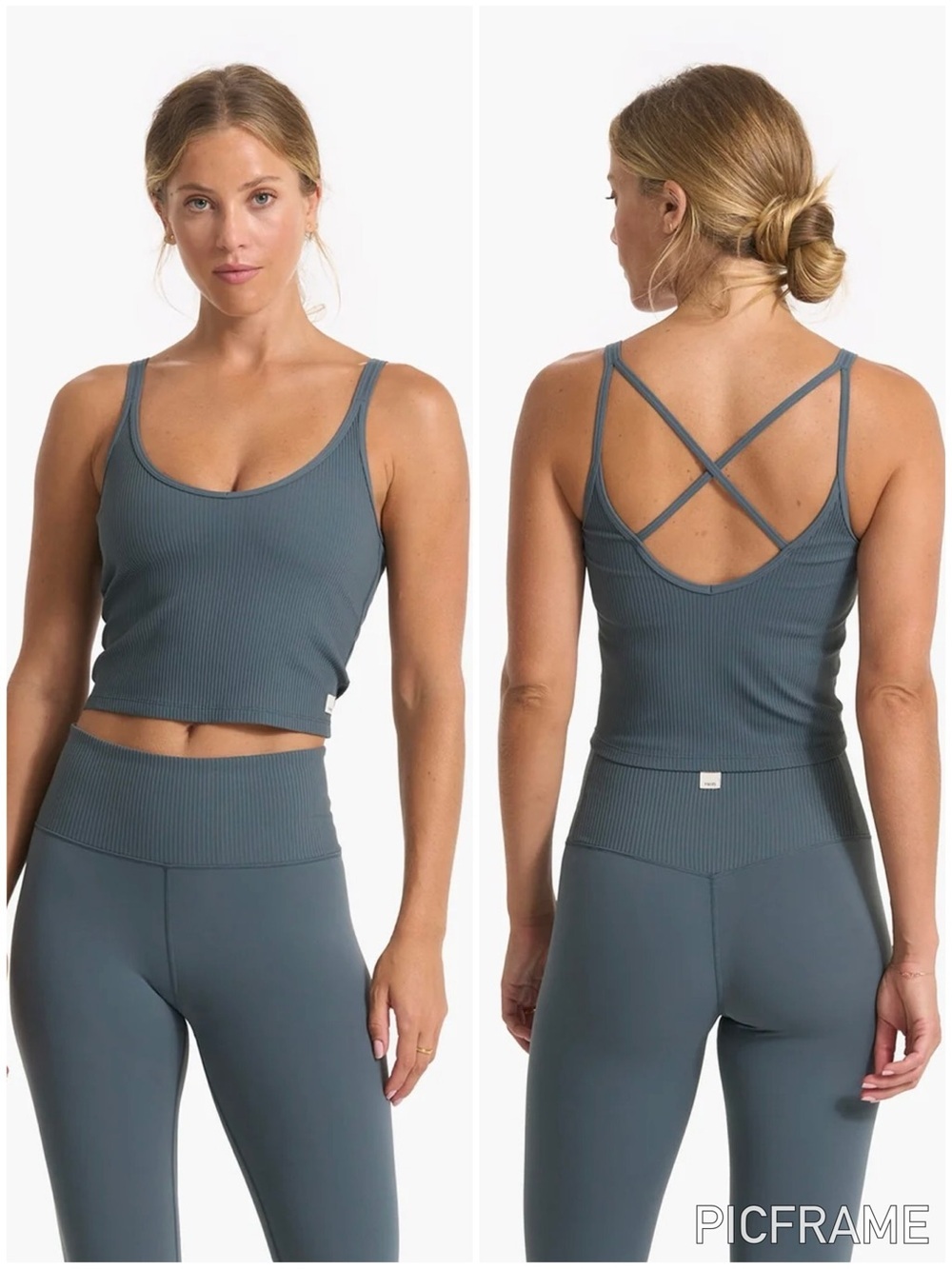 Vuori Rib Crop Tank Strappy Back Longline Performance Bra Top Stone Blue XS